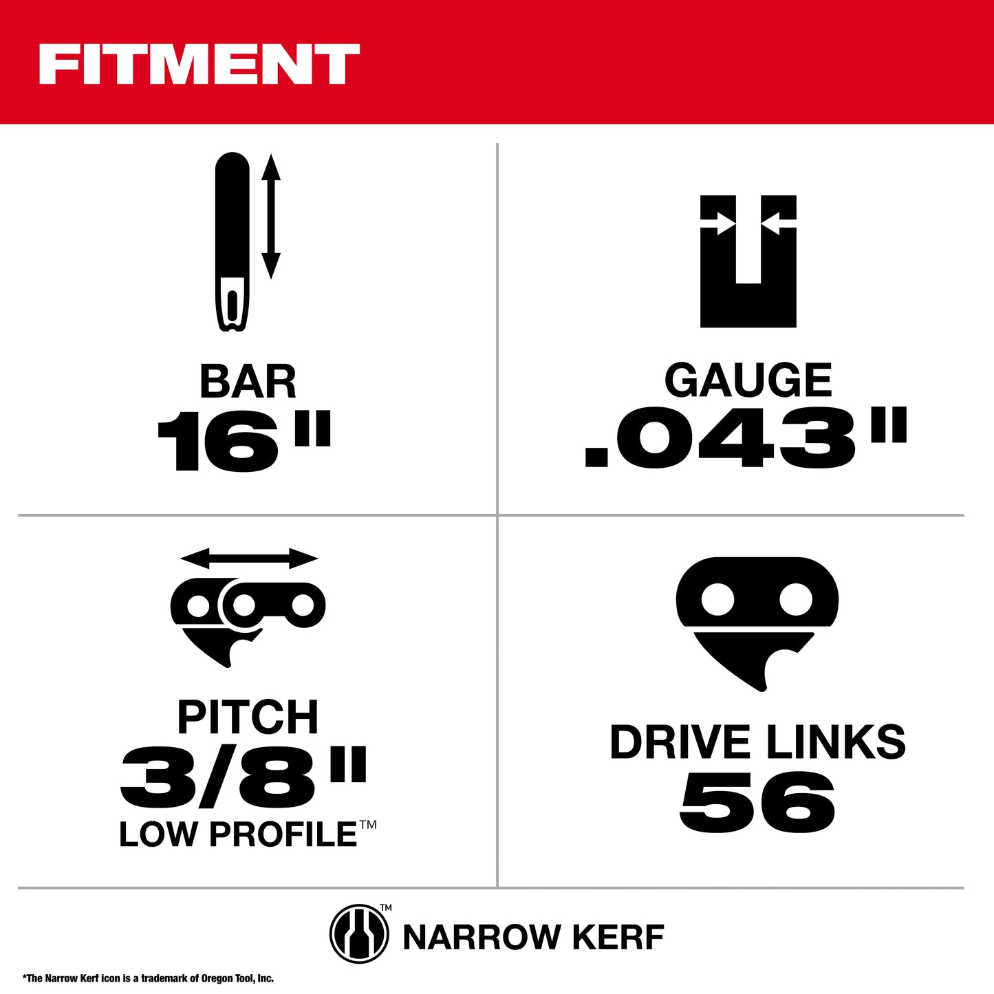 16" 3/8" LOW PROFILE Pitch, .043" Gauge Guide Bar